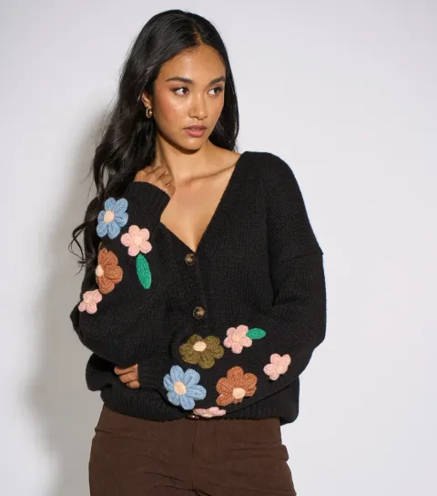 Gini London Women's Black Floral Crochet Flowers Cardigan