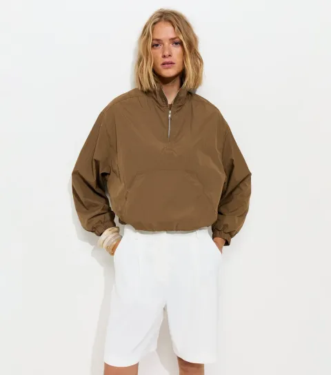 Women's Light Brown Quarter Zip Funnel Neck Jacket