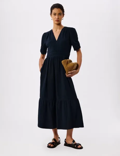 Whistles Pure Cotton Textured V-Neck Midi Relaxed Dress Navy