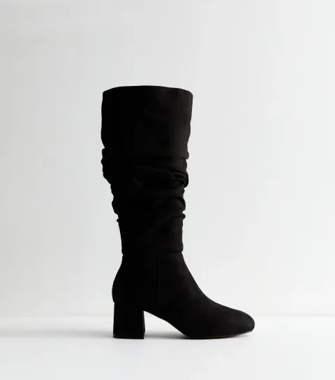 Women's Wide Fit Black Faux Suede Ruched Boots Vegan