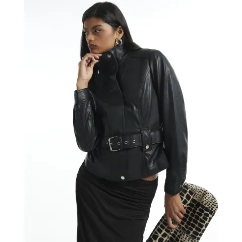 River Island Faux Leather Belted Funnel Neck Jacket