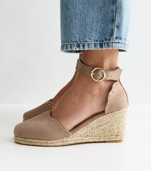 Women's Wide Fit Light Brown Faux Suede Studded Scallop Trim Espadrille Wedges Vegan