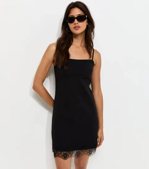 Women's Black Lace Hem Strappy Mini Dress