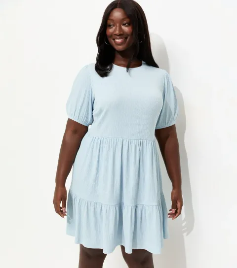 Women's Plus Size Blue Crinkle Texture Tiered Smock Mini Dress Curves