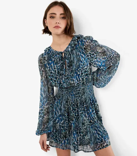Women's Green Feather Print Chiffon Mini Dress
