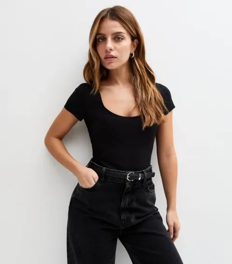 Women's Petite Black Scoop Neck Bodysuit