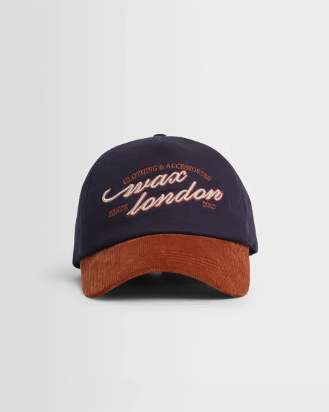 Wax London Tranton - Navy and Rust Contrast Corduroy Trucker Cap