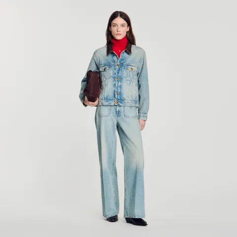 Denim jacket with leather collar