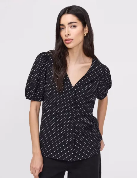Polka Dot Short Sleeve Button Through Top Black Mix