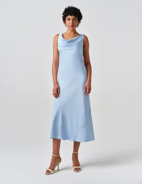 Ghost Satin Cowl Neck Midi Column Dress Light Blue