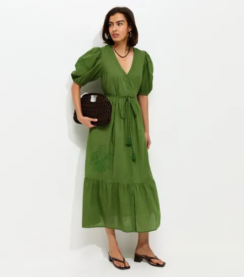Women's Bright Green Embroidered Smock Midi Dress