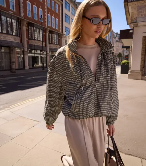 Women's Brown Check High Neck Zip Through Jacket