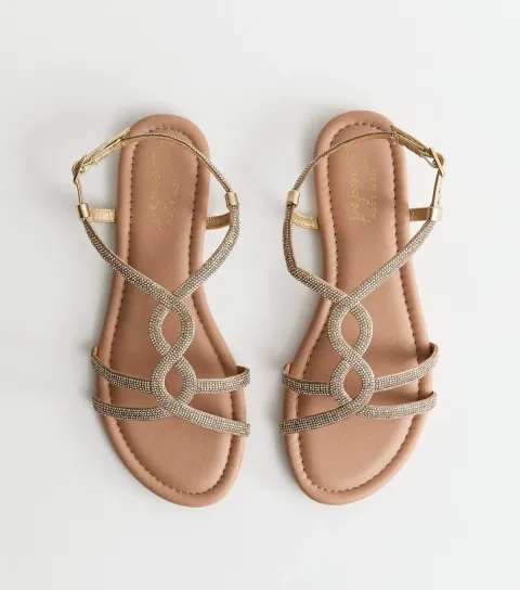 New Look Women's Gold Embellished Round Toe Sandals Vegan