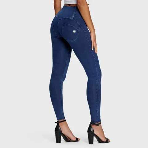WRUP Denim - 3 Button High Waisted - Full Length - Dark Blue + Blue Stitching