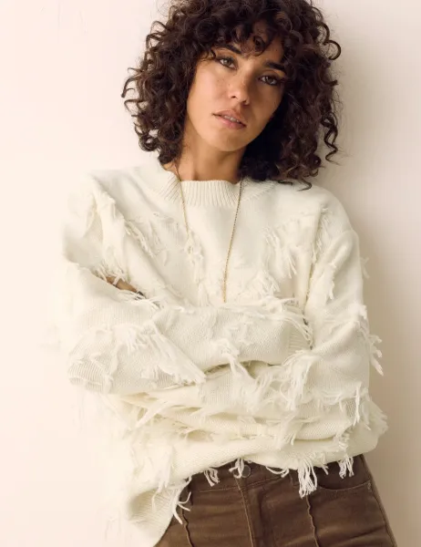 Per Una Fringe Detail Relaxed Jumper with Wool Cream