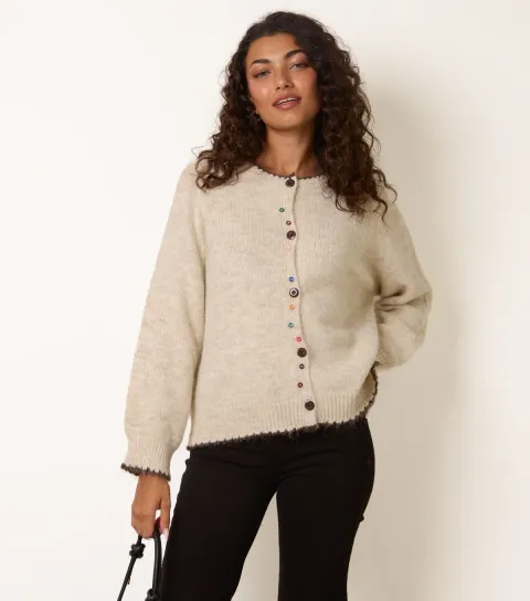Blue Vanilla Women's Oatmeal Contrast Trim Button Cardigan