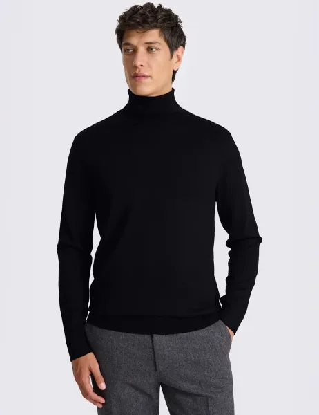 Moss Merino Wool Rich Roll Neck Jumper Black