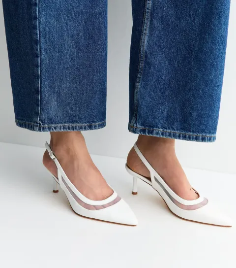 Women's White Mesh Panel Slingback Court Shoes Vegan