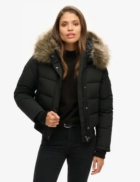 Superdry & Co Padded Hooded Faux Fur Trim Bomber Jacket Black