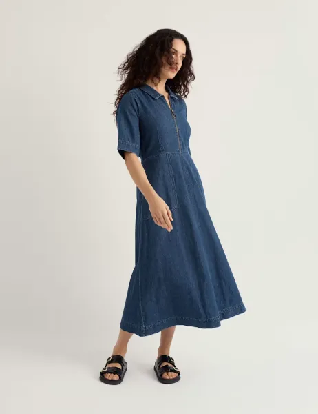 Seasalt Cornwall Cotton Rich Midi Shirt Dress with Linen Blue Denim