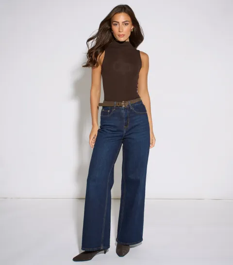 Women's Dark Blue Midi Rise Wide Leg Jeans