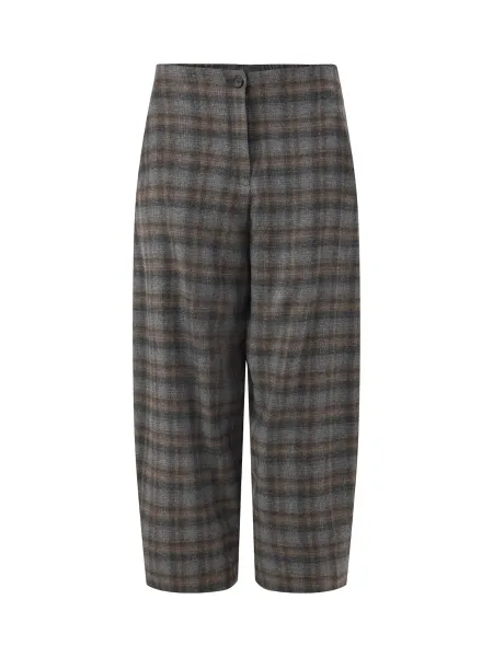Virgin Wool Blend Cropped Check Barrel Trousers - Choco
