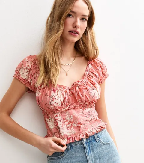 Women's Pink Floral Print Short Sleeve Milkmaid Top