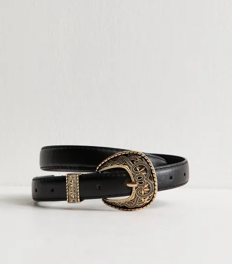 Black Faux Leather Western Skinny Belt