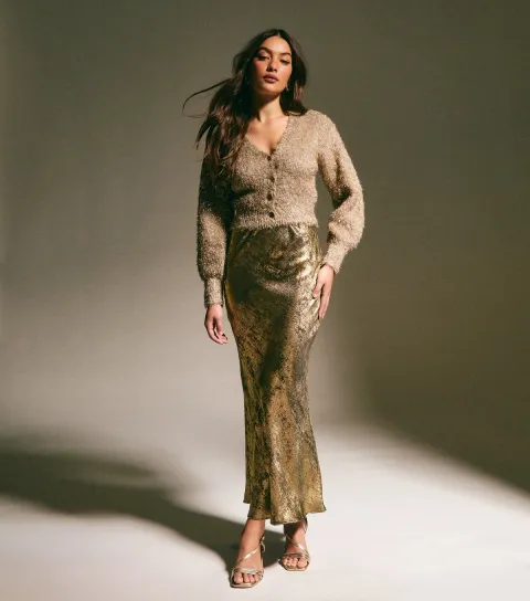 Women's Gold Metallic Bias Cut Midi Skirt