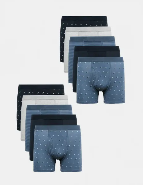 Marks & Spencer 10 Pack Cotton Stretch Pattern Trunks Blue Mix