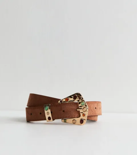 Tan Faux Suede Stone Buckle Belt