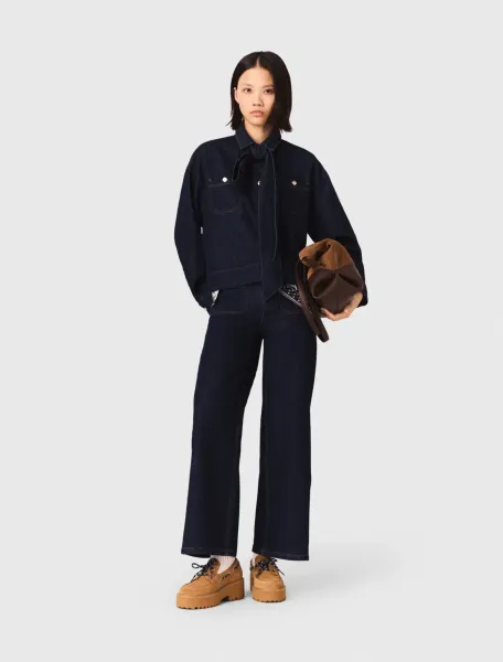 Denim shirt with pussy bow
