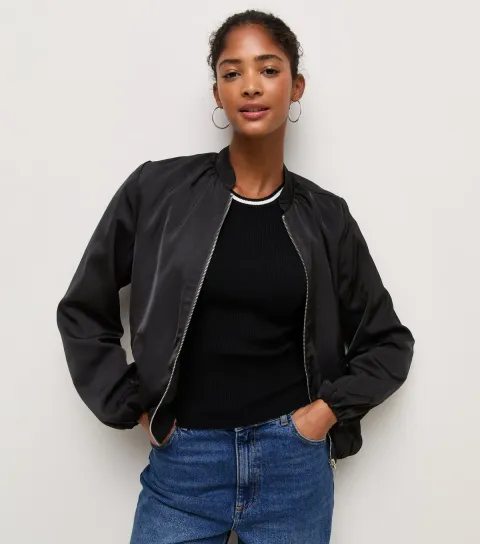 Women's Black Satin Bomber Jacket
