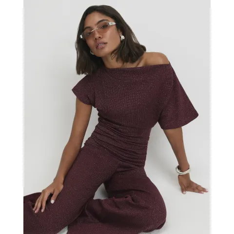 River Island Burgundy Glitter Thread Gathered Hem Top