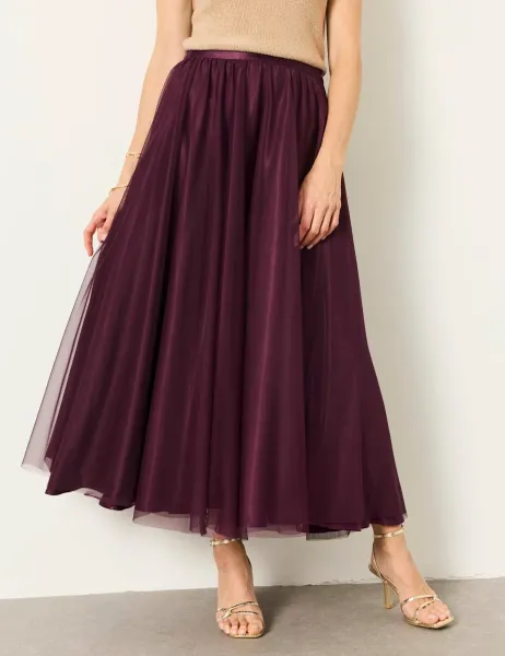 FatFace Tulle Pleated Midi Skirt Burgundy