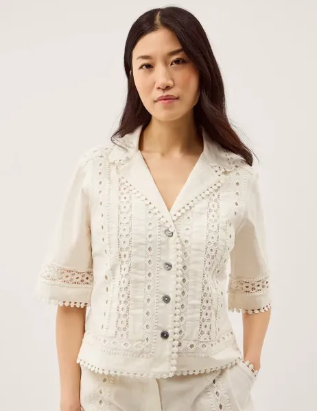 Monsoon Pure Cotton Lace Trim Shirt White