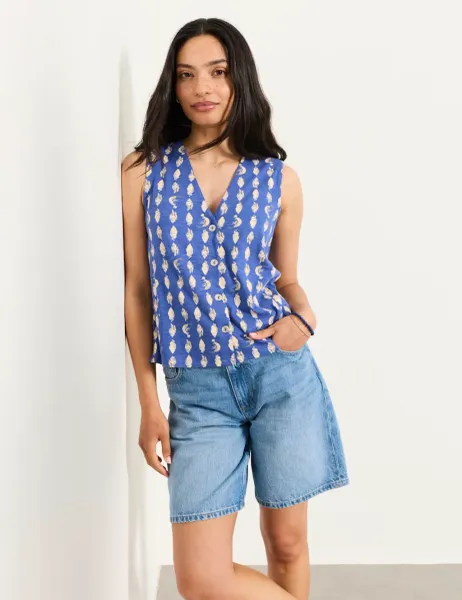 FatFace Cotton Modal Blend Printed V-Neck Blouse Blue Mix