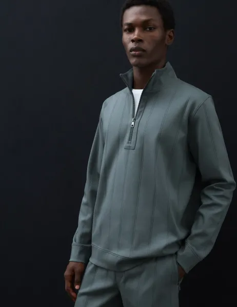 Autograph Pure Cotton Drop Needle Striped Half Zip Jacket Gunmetal