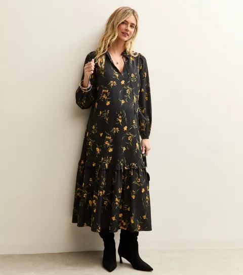 Women's Maternity Black Botanical Crepe Smock Midi Dress