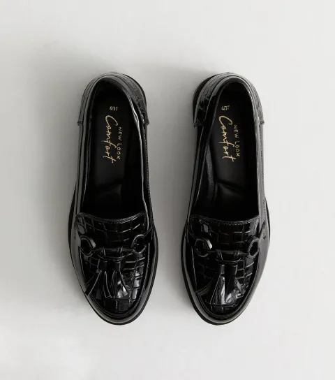 Women's Black Croc Effect Faux Leather Loafers Vegan