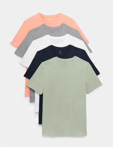 Marks & Spencer 5 Pack Pure Cotton Crew Neck T-Shirts Apricot Mix