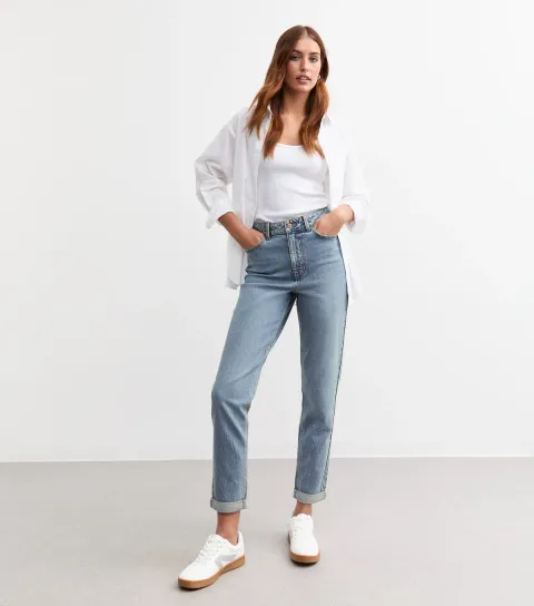 Women's Tall Blue High Waist Cuff Mom Jeans