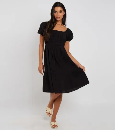 Women's Black Smocked Milkmaid Dress