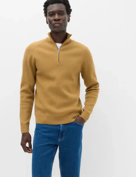 Marks & Spencer Cotton Blend Ribbed Half Zip Jumper Butterscotch