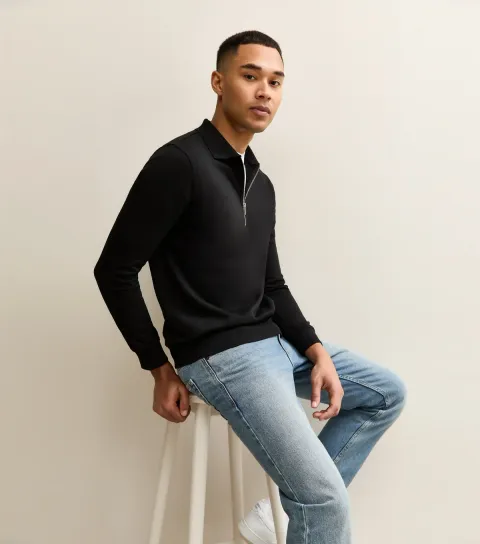 New Look Men's Black Quarter Zip Polo Sweatshirt