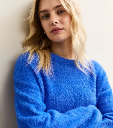 Women's Bright Blue Fluffy Crew Neck Jumper