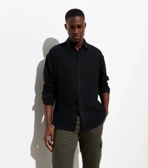 Men's Black Linen Blend Long Sleeve Oversized Shirt