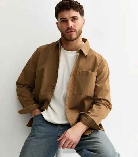 Men's Brown Oversized Cotton Twill Overshirt