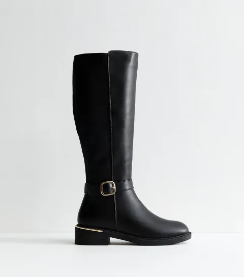 Women's Black Faux Leather Riding Knee High Boots Vegan