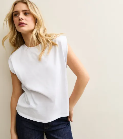Women's White Cotton Shoulder Pad Tank Tank Top